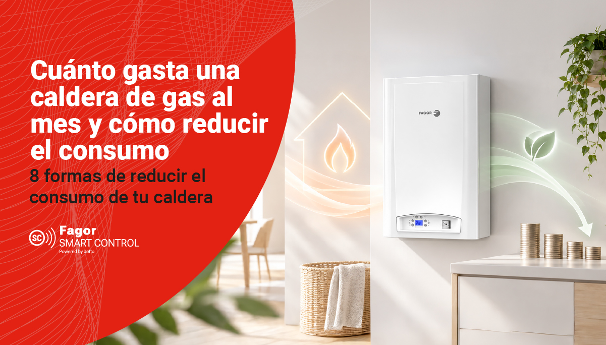 Caldera de gas Fagor en una cocina con iconos de llama y ahorro: cuánto gasta al mes